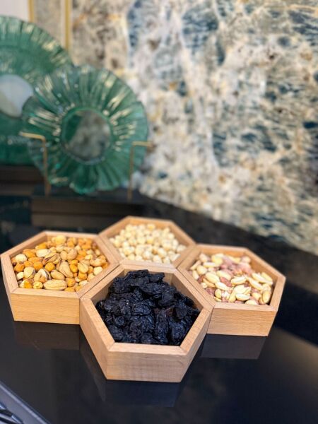 Altıgen Tasarımlı Ahşap Kaseler & Servis Kapı 4 lü