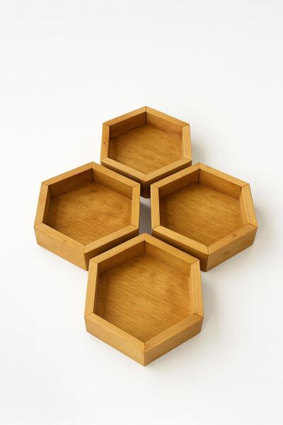 Altıgen Tasarımlı Ahşap Kaseler & Servis Kapı 4 lü